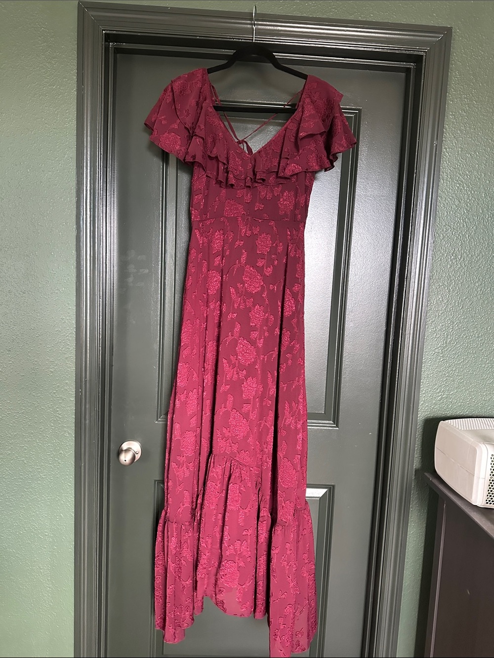 Francesca’s Ruffled V-Neck Maxi Dress in Deep Raspberry